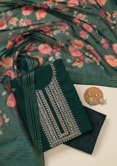 Bottle Green Zariwork (Gold) Dola Silk Unstitched Salwar Suit