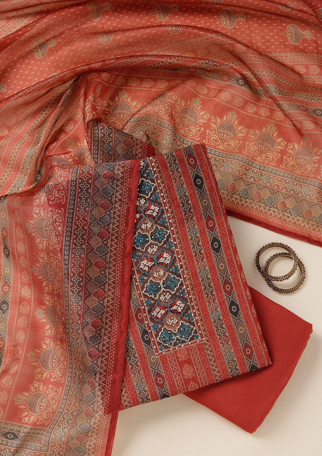 Rust Threadwork Chanderi Unstitched Salwar Suit
