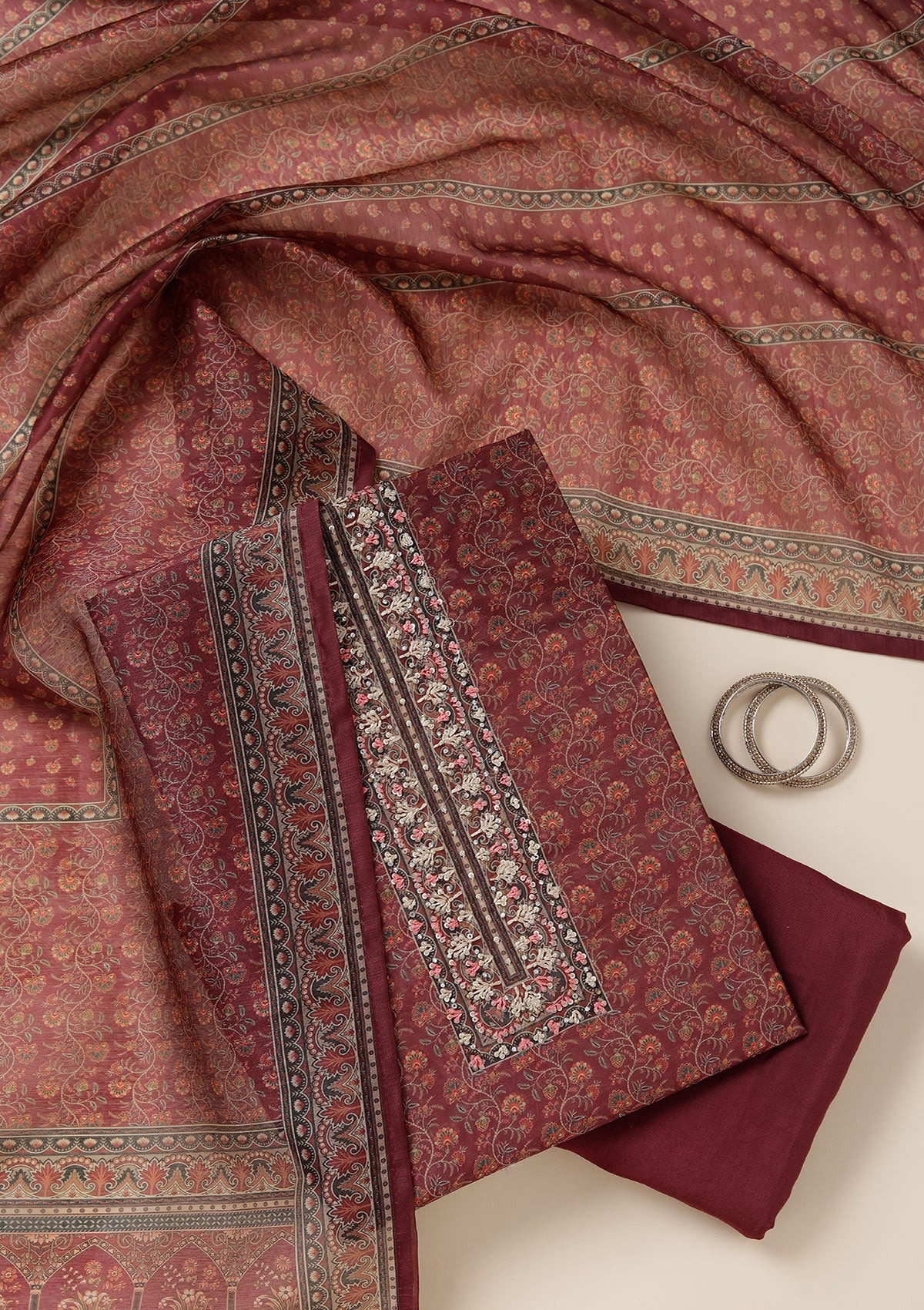 Wine Threadwork Chanderi Unstitched Salwar Suit
