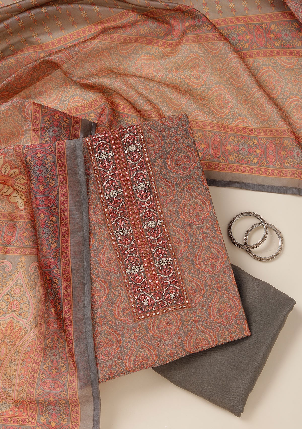 Grey Threadwork Chanderi Unstitched Salwar Suit