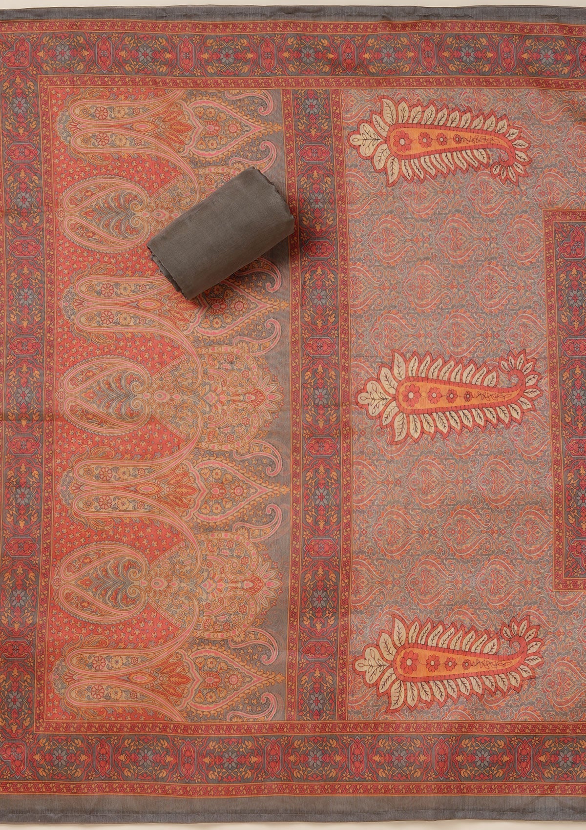 Grey Threadwork Chanderi Unstitched Salwar Suit