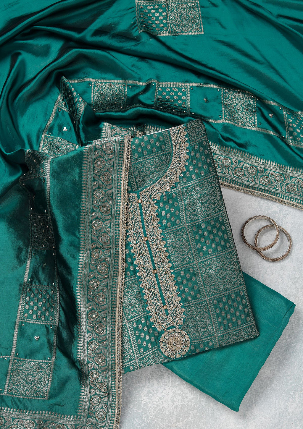 Turquoise Blue Zariwork (Gold) Brocade Unstitched Salwar Suit