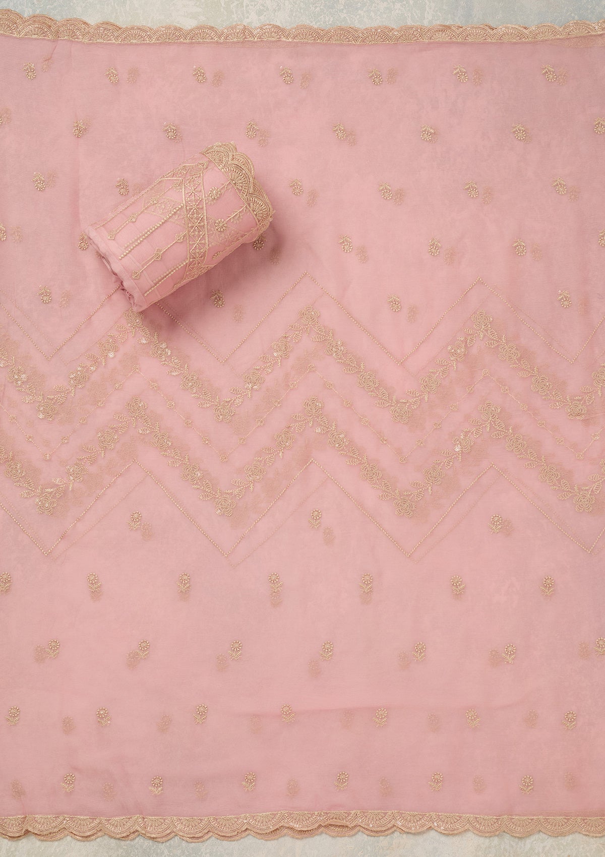 Baby Pink Threadwork Chinon Unstitched Salwar Suit
