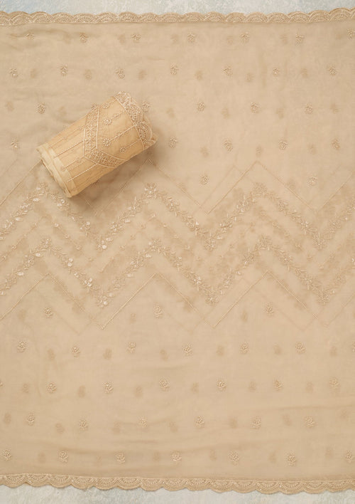 Beige Threadwork Chinon Unstitched Salwar Suit