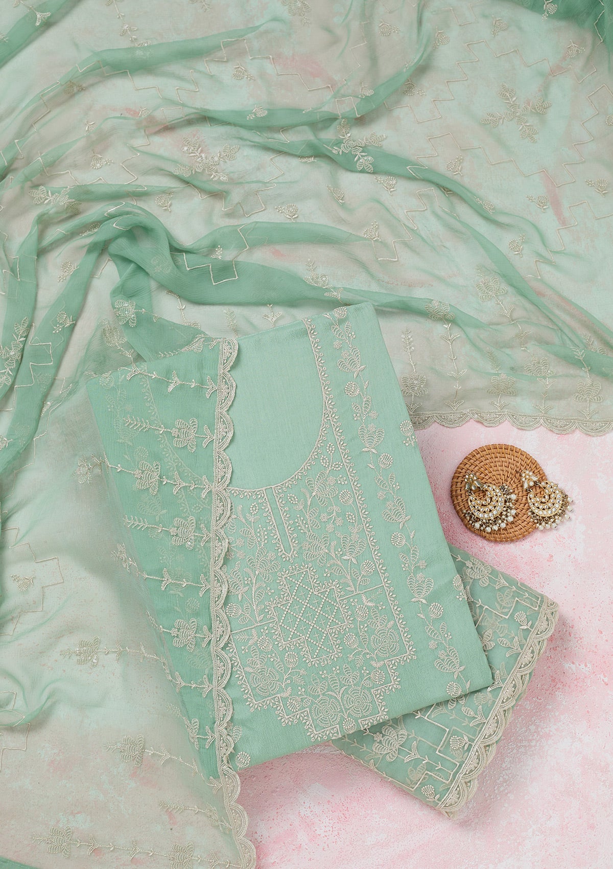 Sea Green Threadwork Chinon Unstitched Salwar Suit