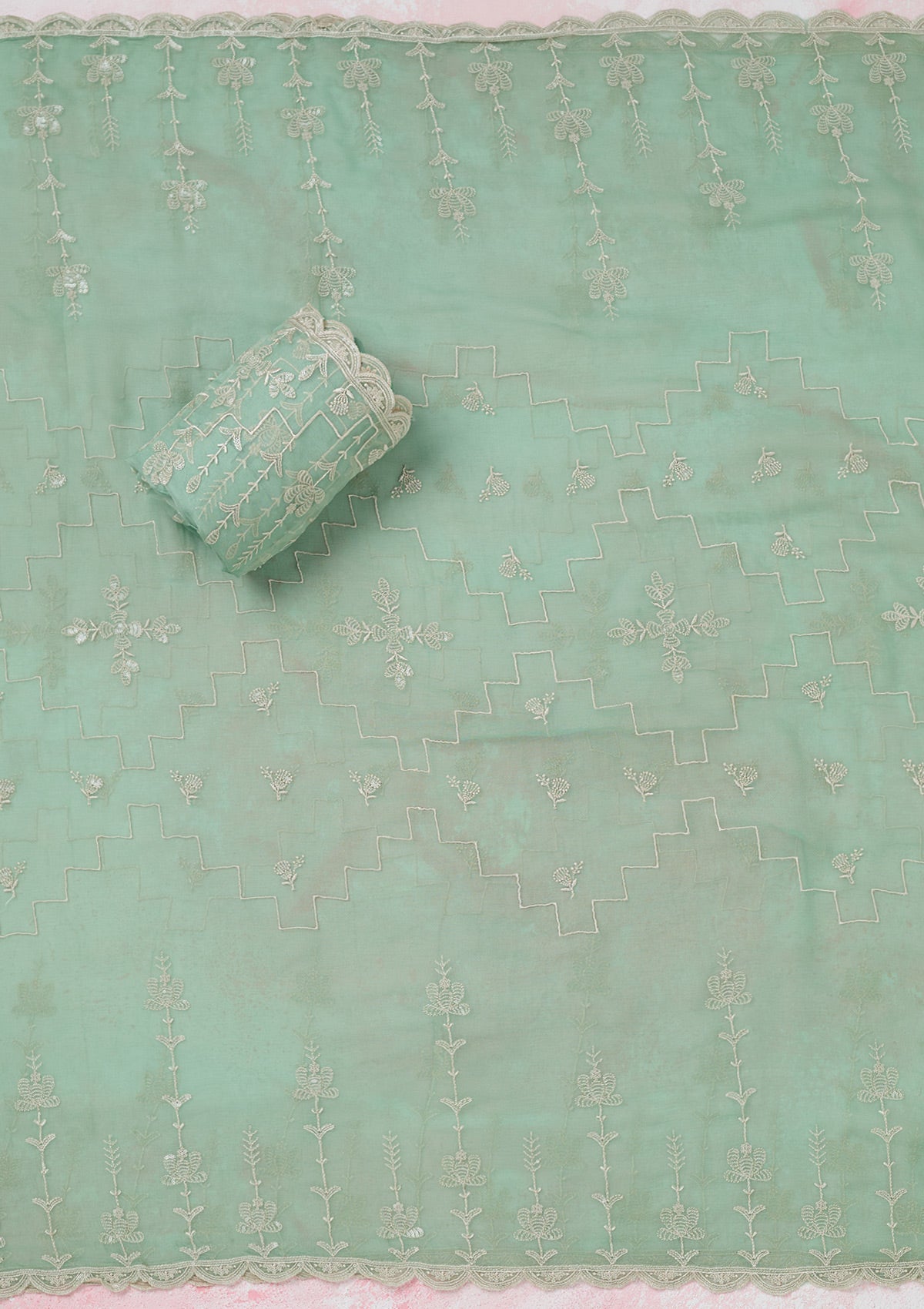 Sea Green Threadwork Chinon Unstitched Salwar Suit
