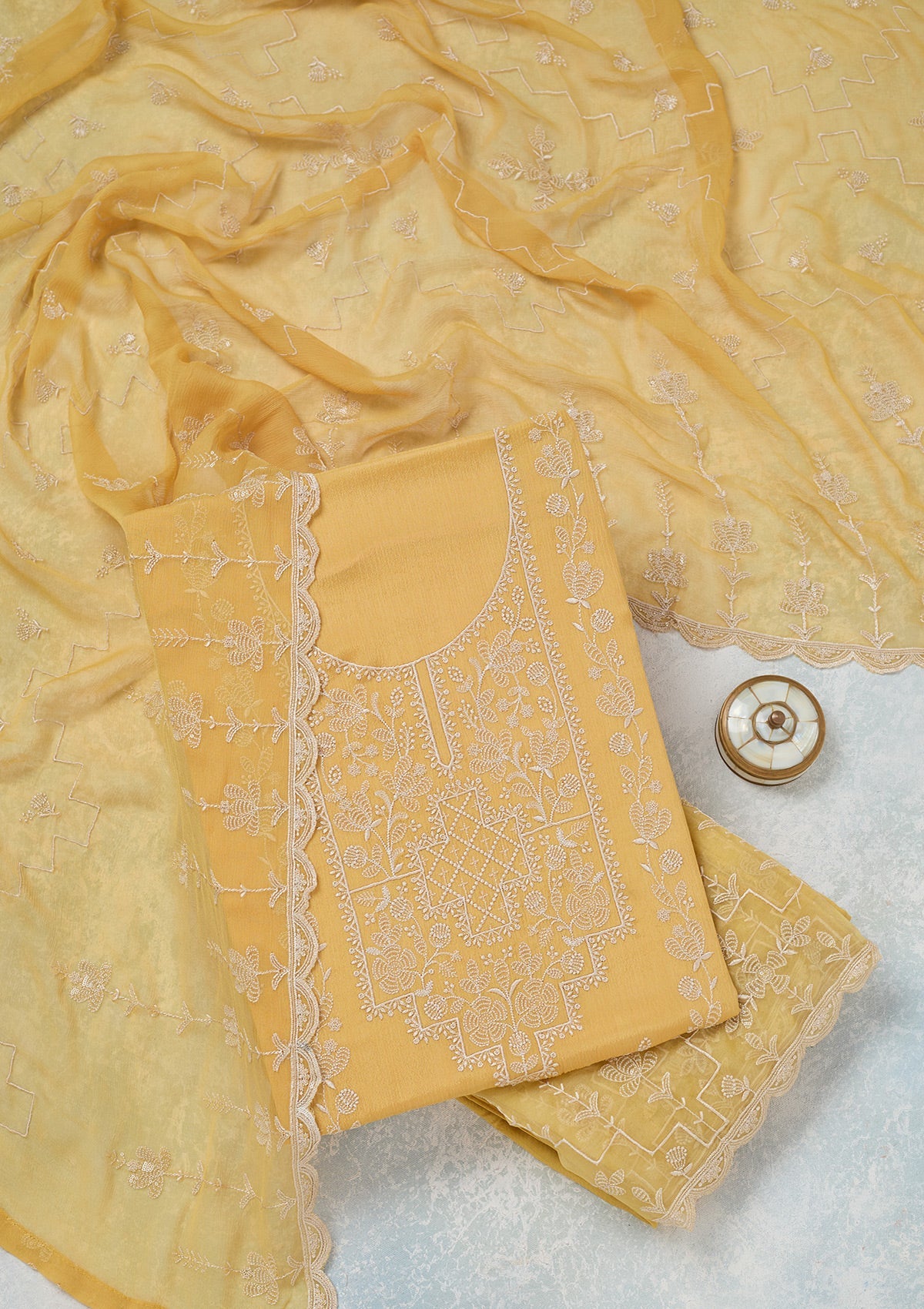 Yellow Threadwork Chinon Unstitched Salwar Suit