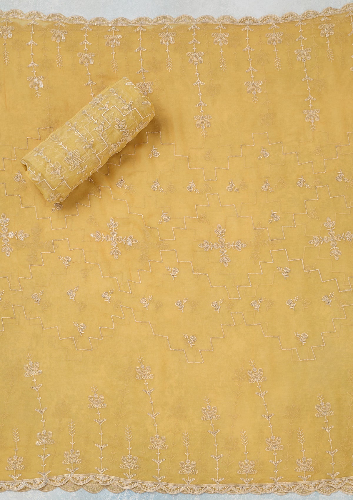 Yellow Threadwork Chinon Unstitched Salwar Suit