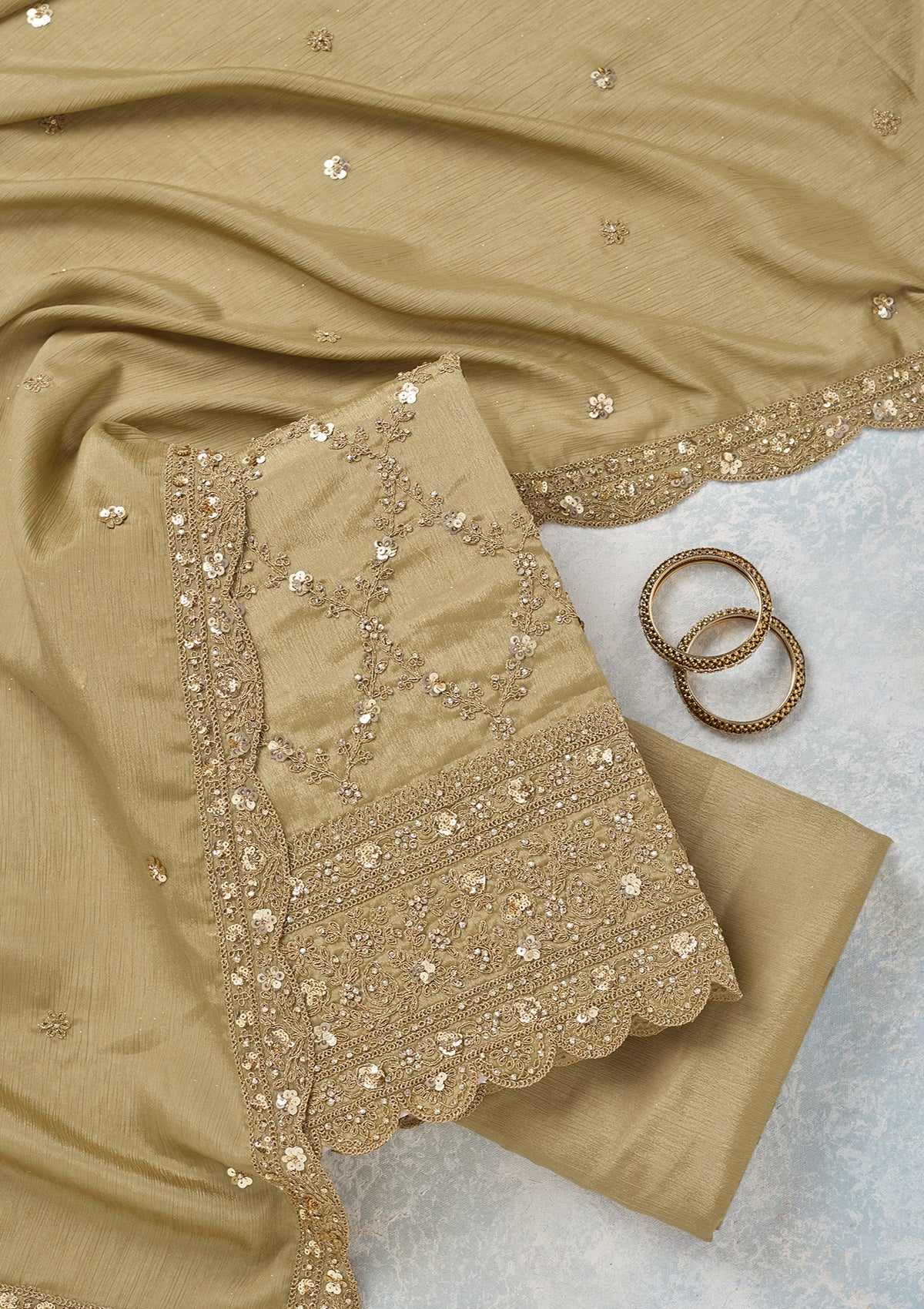 Pista Green Zariwork (Gold) Chinon Unstitched Salwar Suit