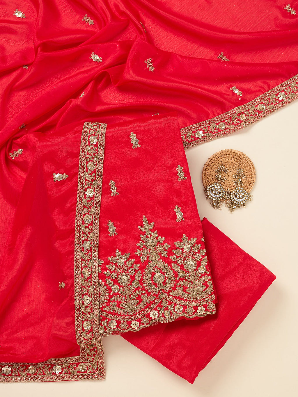 Red Zariwork (Gold) Chinon Unstitched Salwar Suit