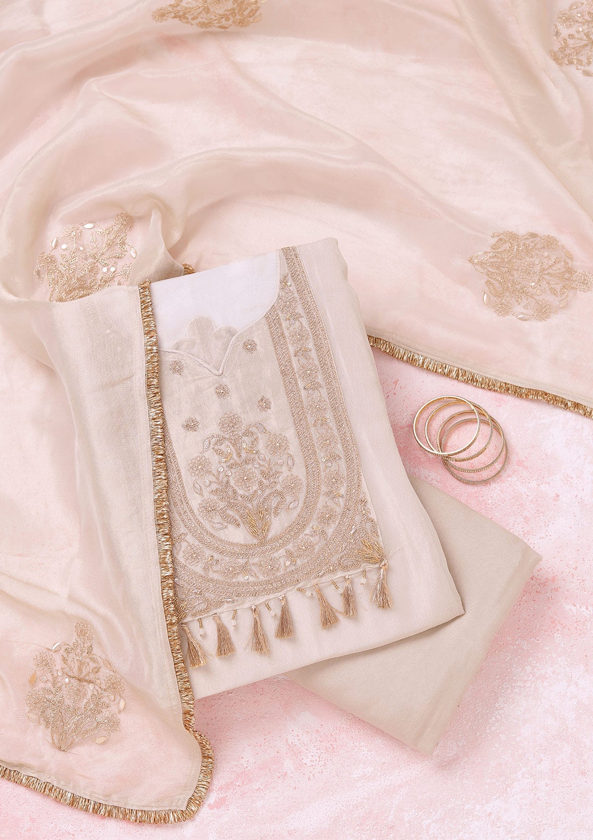 Beige Zariwork (Gold) Tissue Unstitched Salwar Suit