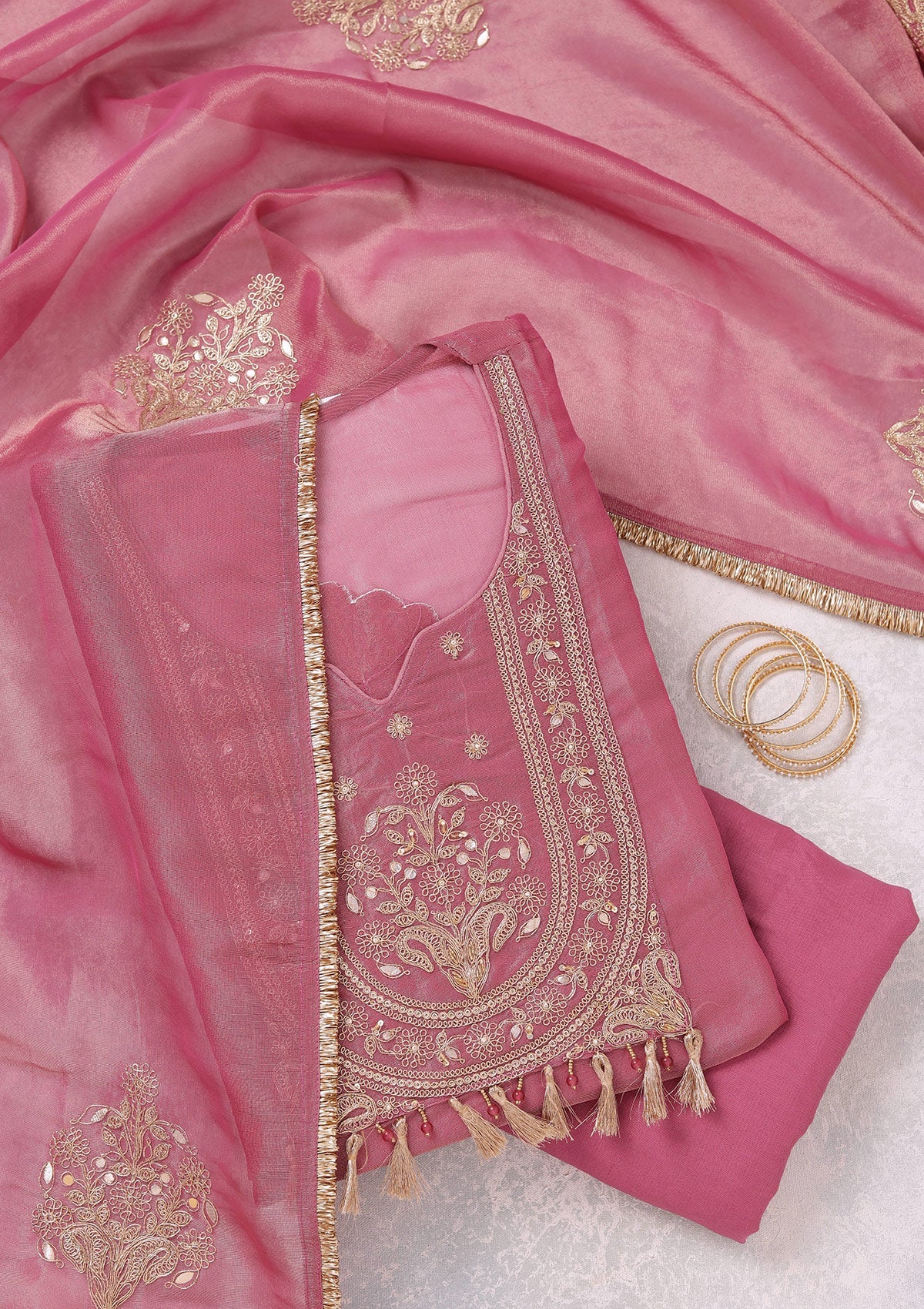 Onion Pink Zariwork (Gold) Tissue Unstitched Salwar Suit