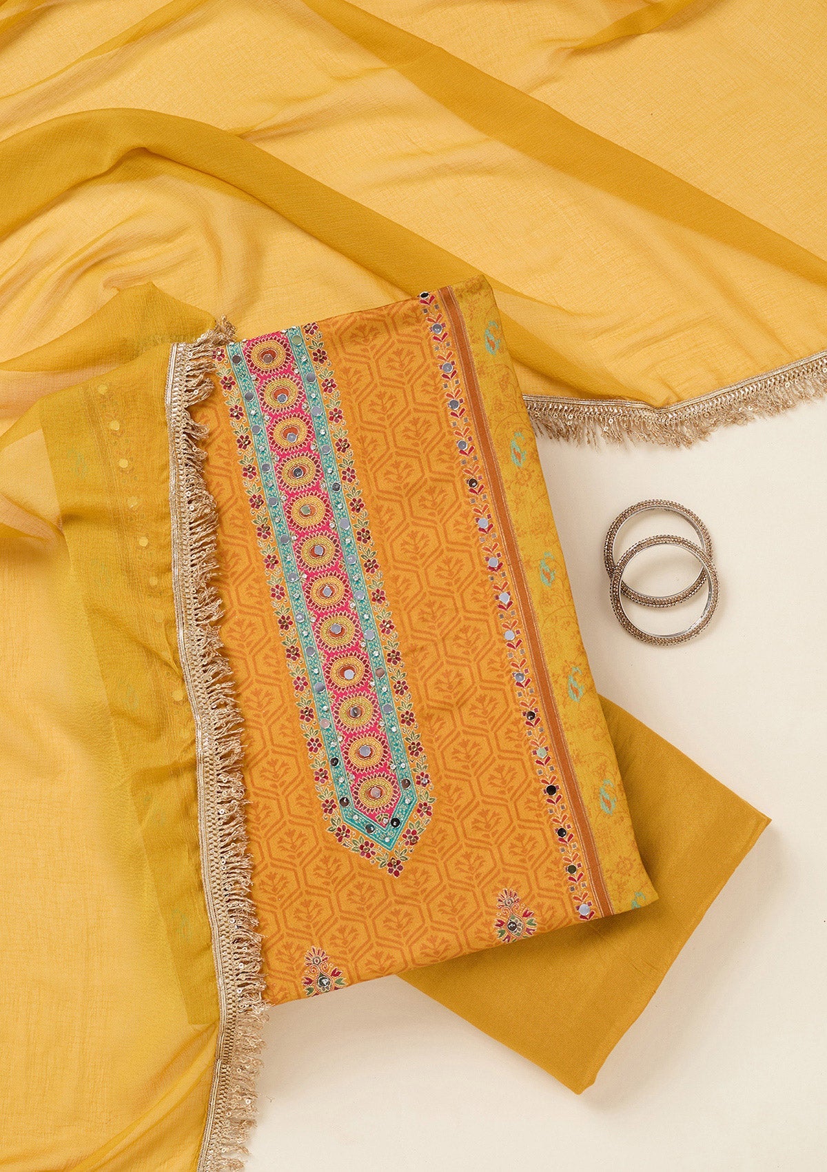 Mustard Zariwork Dola Silk Unstitched Salwar Suit