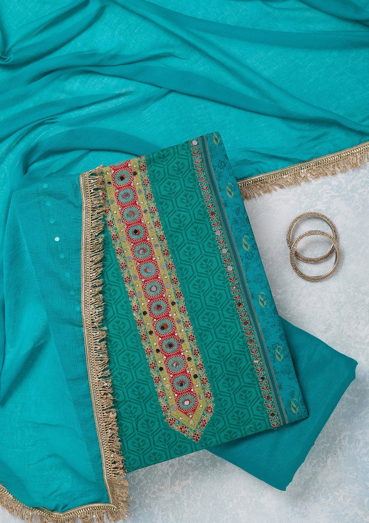 Peacock Green Zariwork Dola Silk Unstitched Salwar Suit