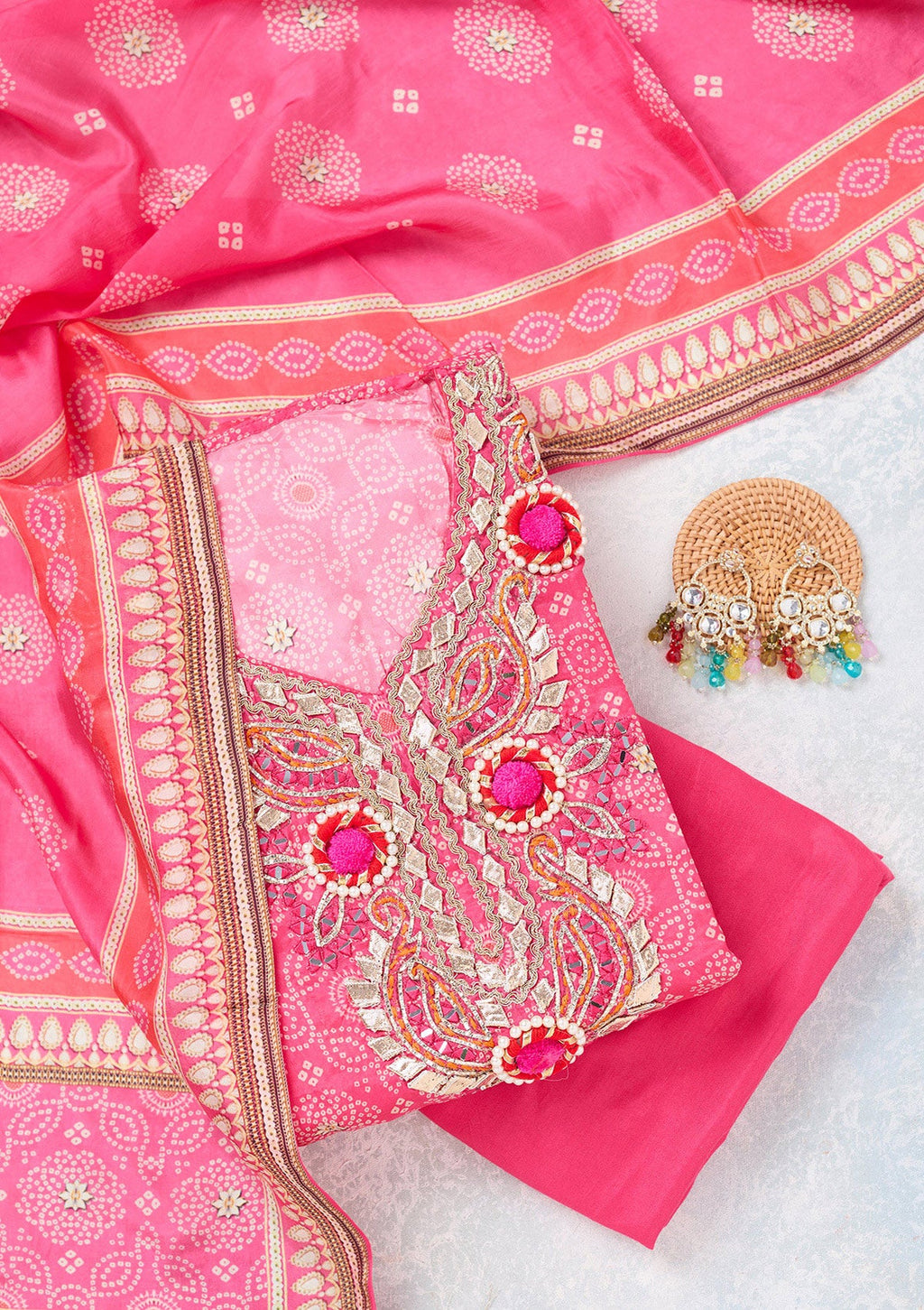 Rani Pink Zariwork Semi Crepe Unstitched Salwar Suit