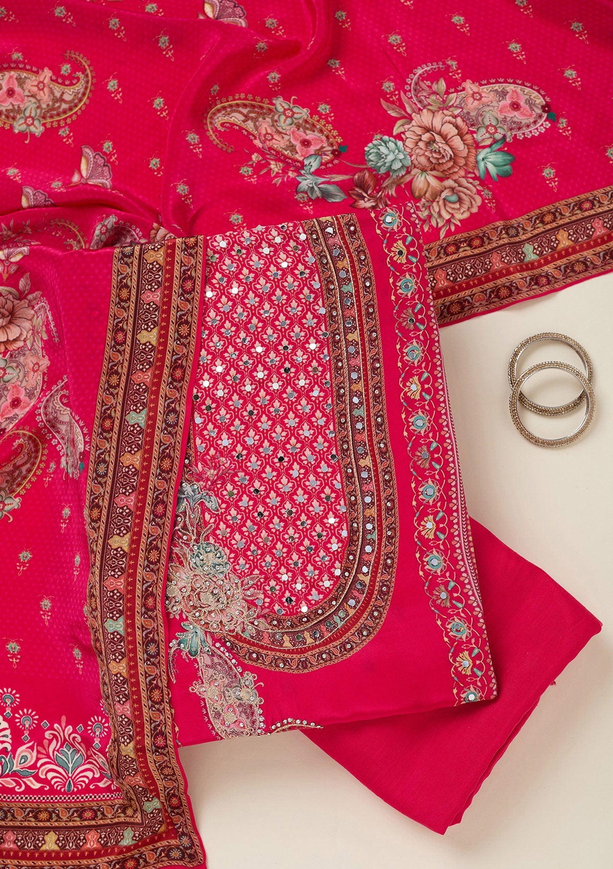 Rani Pink Zariwork Semi Crepe Unstitched Salwar Suit