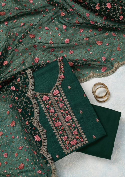 Bottle Green Threadwork Tissue Unstitched Salwar Suit