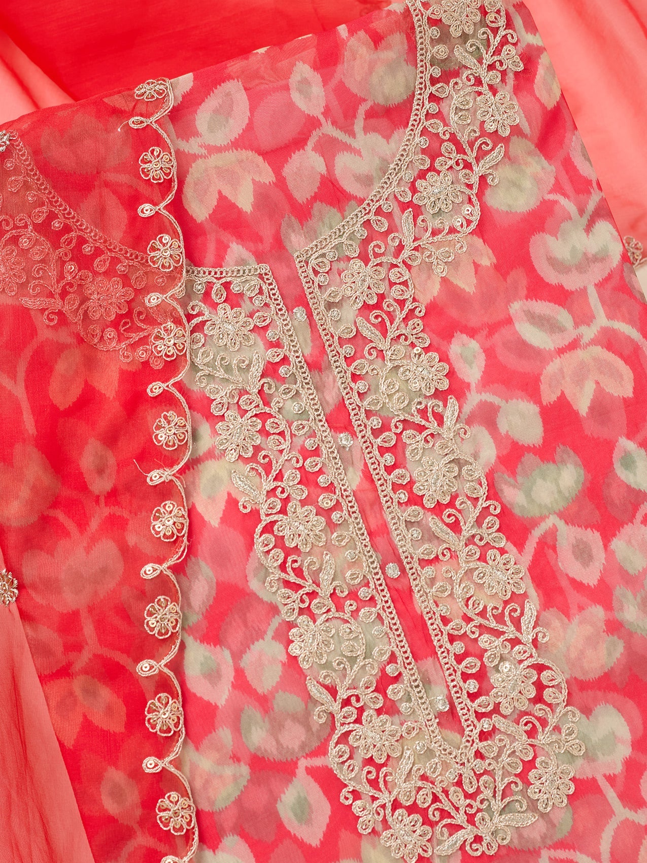 Red Threadwork Tissue Unstitched Salwar Suit