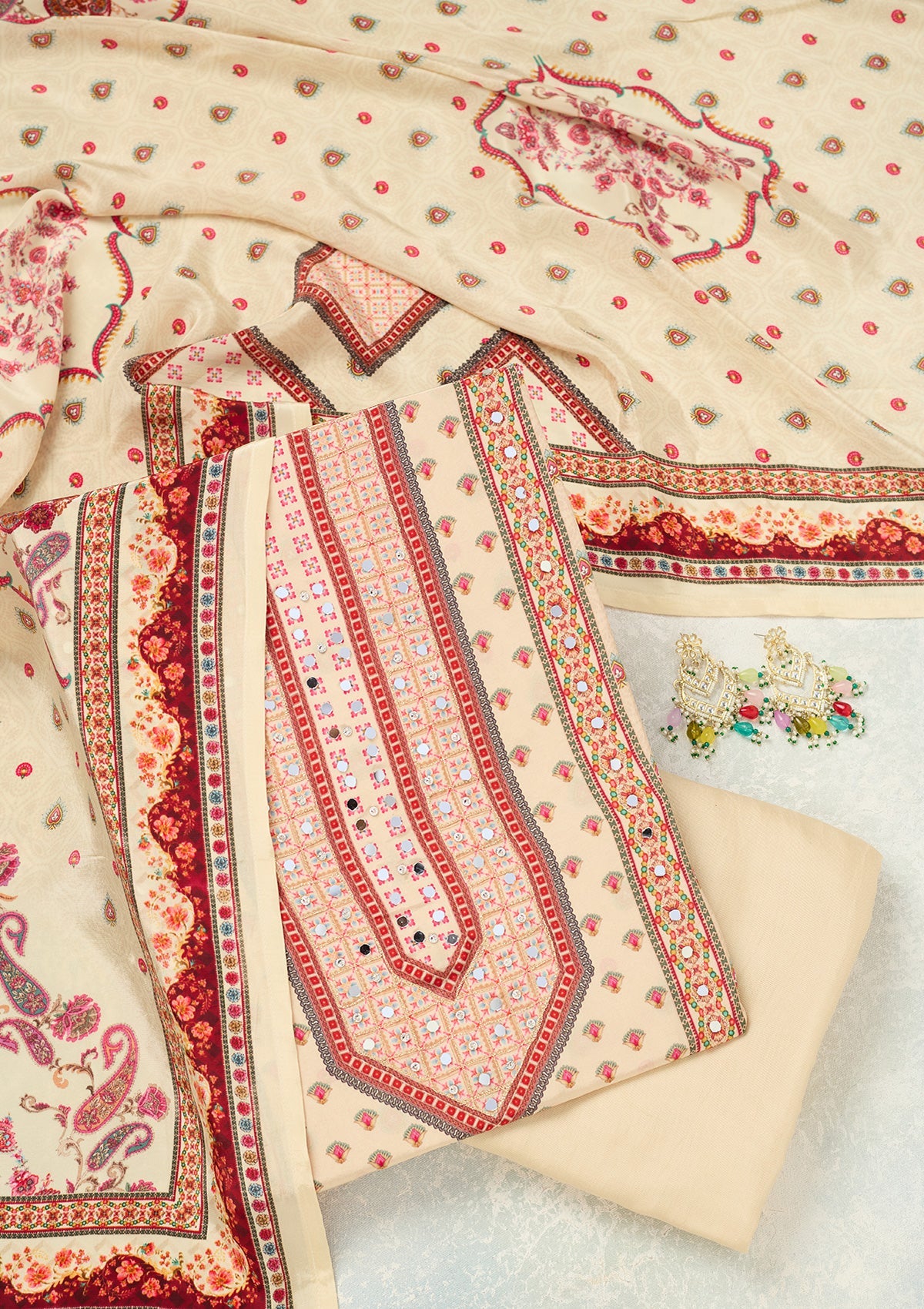 Cream Zariwork (Gold) Crepe Unstitched Salwar Suit