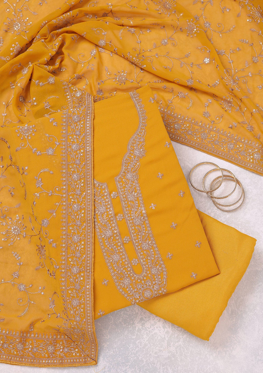 Mustard Threadwork Georgette Unstitched Salwar Suit
