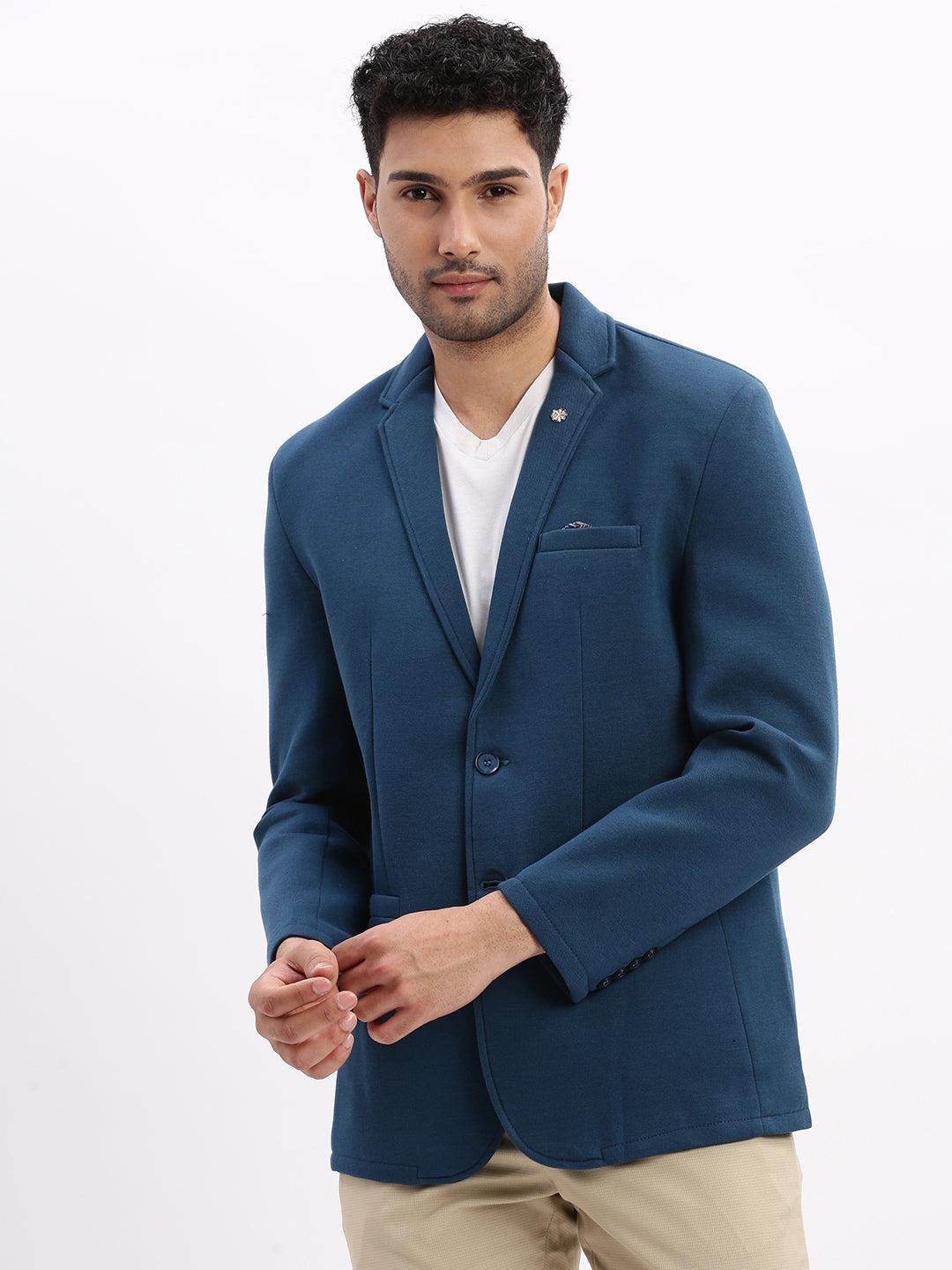 Men's Teal Solid Single Breasted Blazer