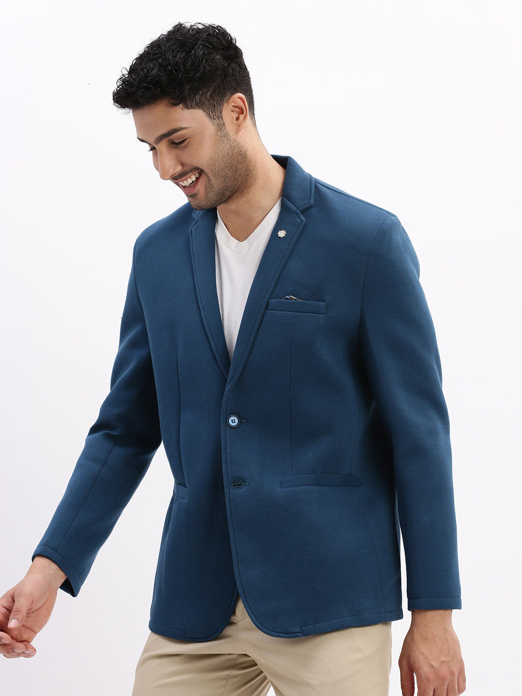 Men's Teal Solid Single Breasted Blazer