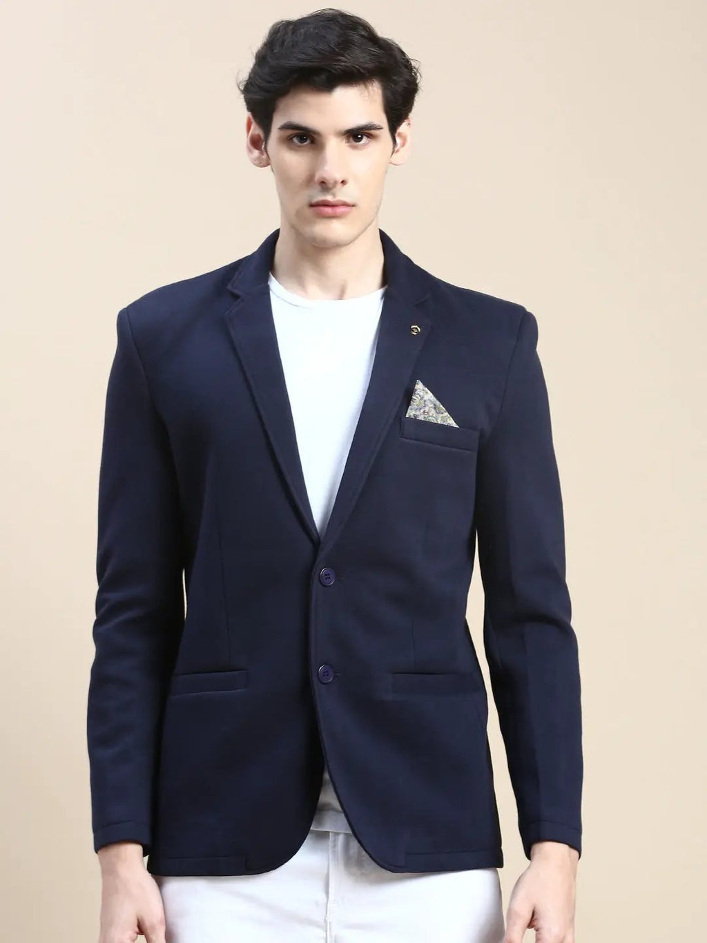 Men's Navy Blue Slim-Fit Notched Lapel Collar Single Breasted Casual Blazer