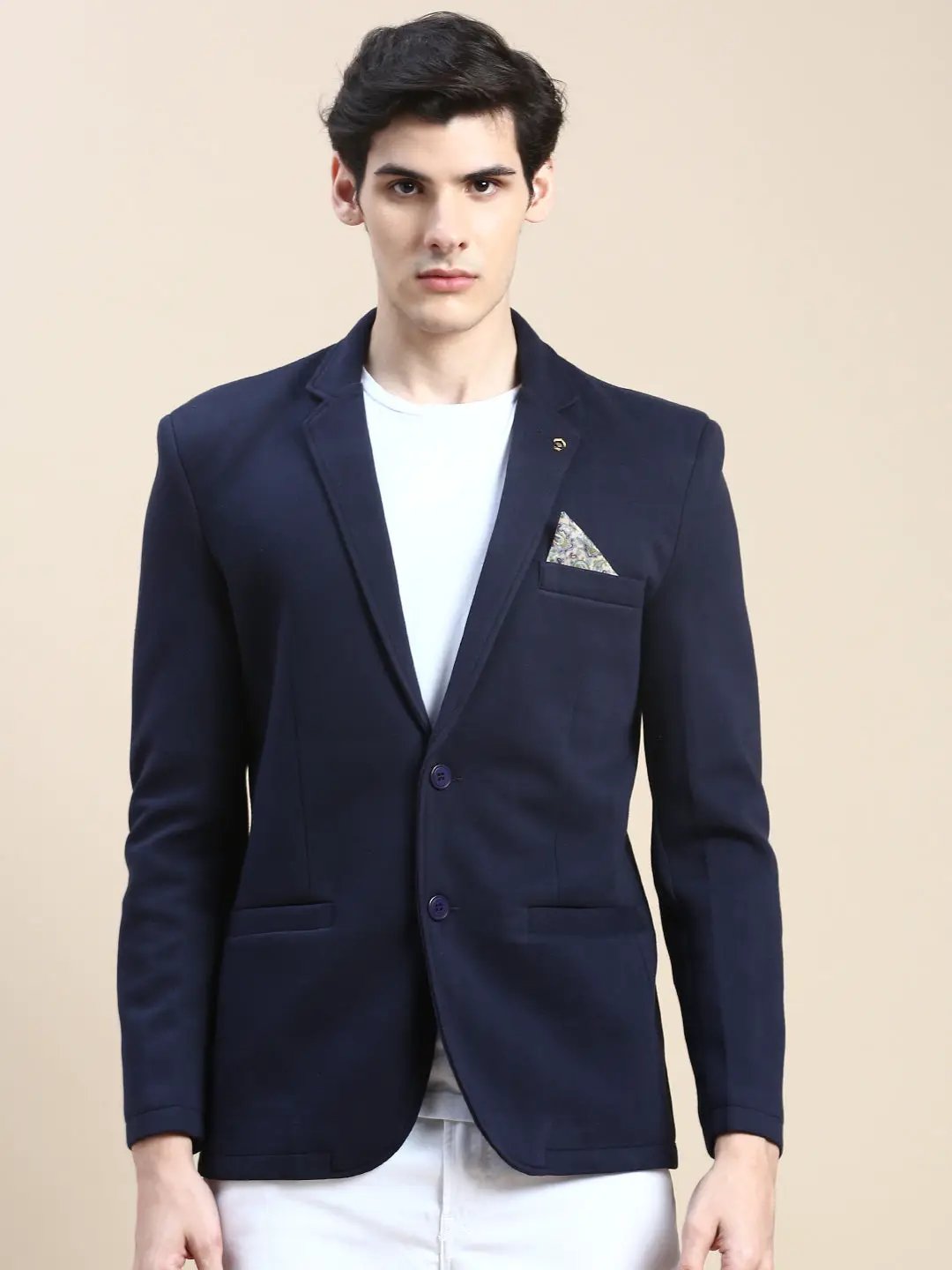 Men's Navy Blue Slim-Fit Notched Lapel Collar Single Breasted Casual Blazer