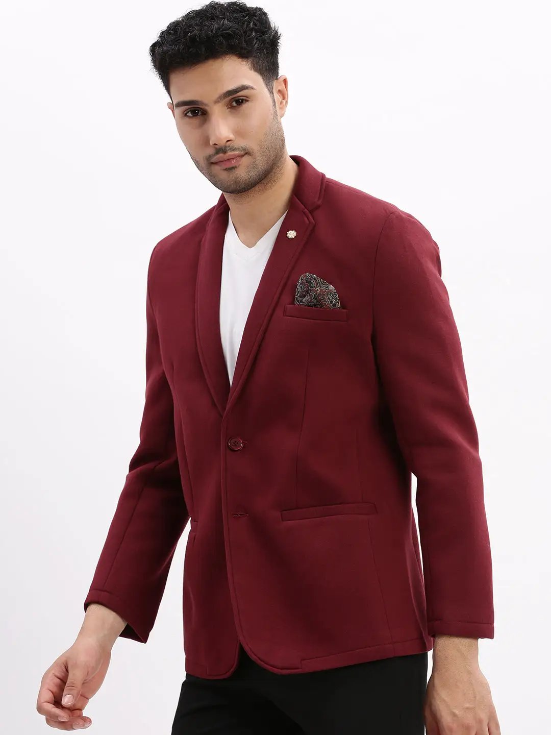 Men's Maroon Solid Single Breasted Blazer