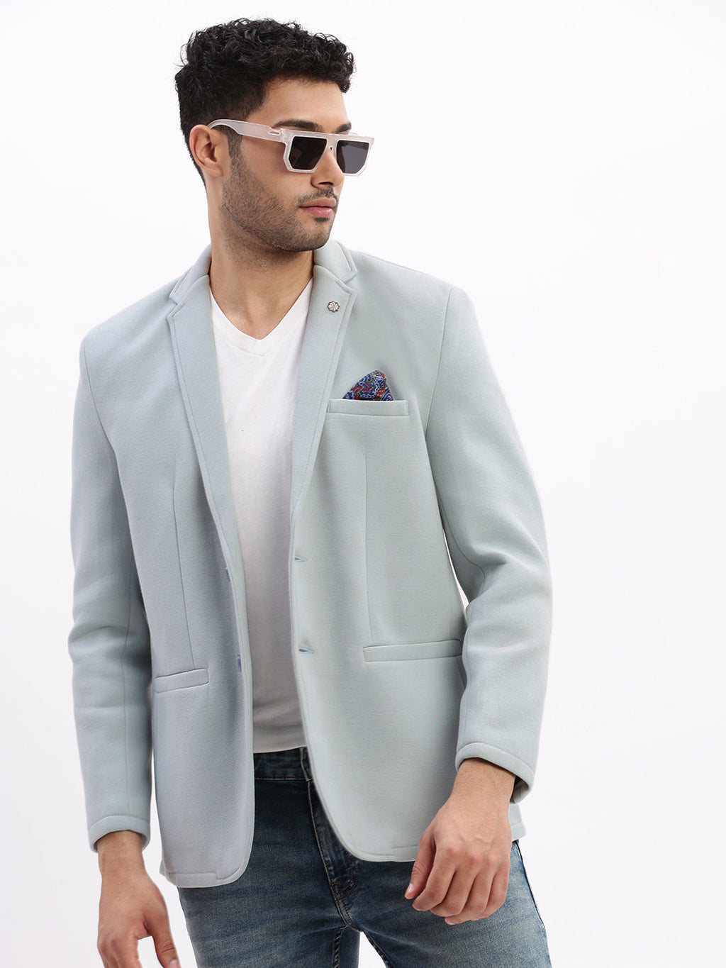 Men's Blue Single-Breasted Slim Fit Blazer with Notched Lapel