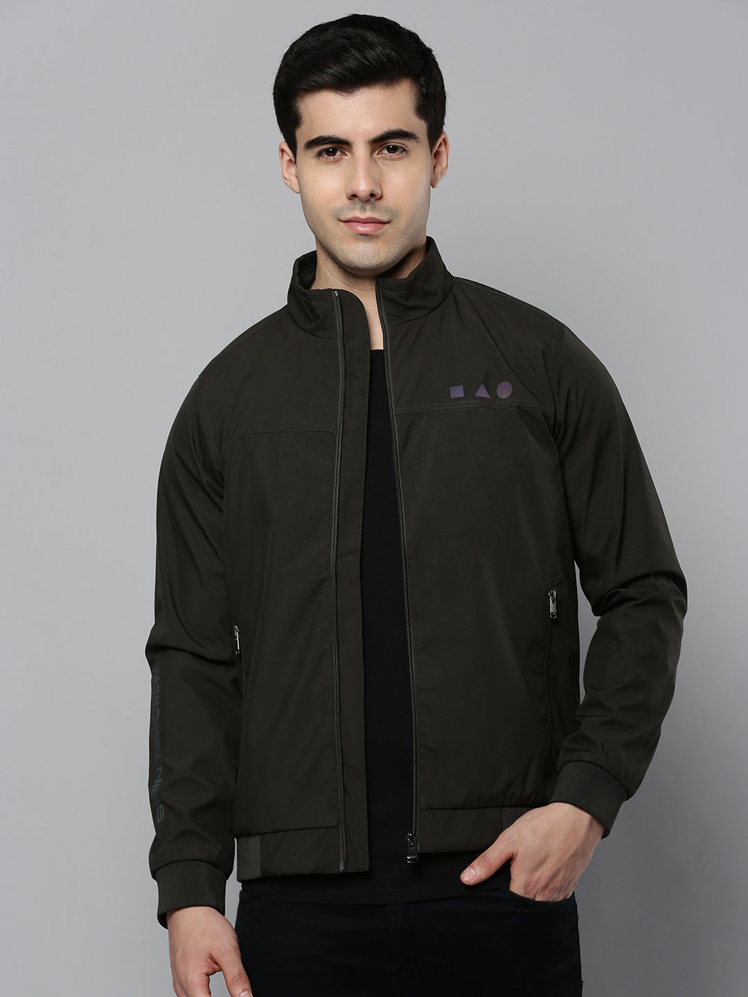 Men's Olive Spread Collar Solid Cotton Open Front Jacket