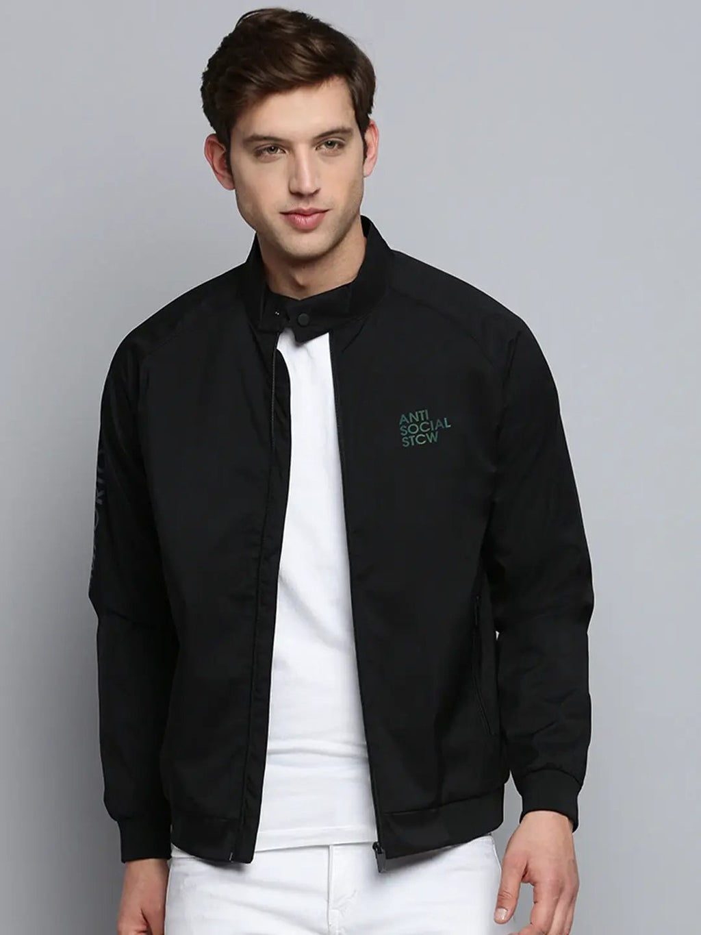 Men's Black Mock Collar Water Resistant Bomber Jacket