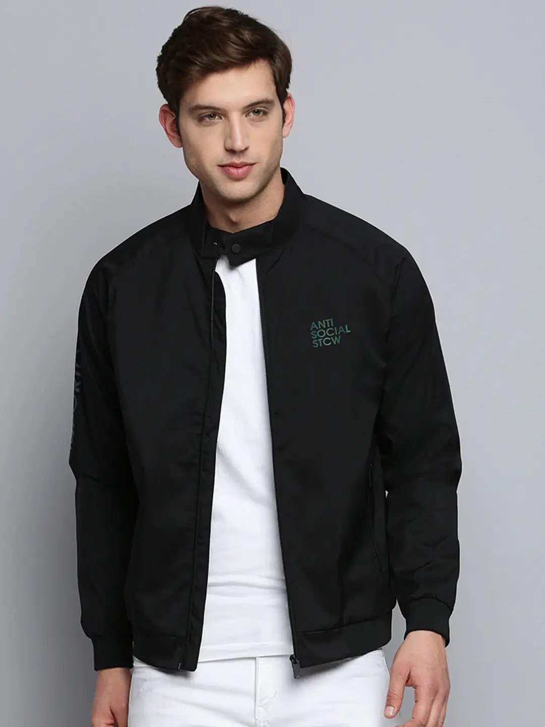 Men's Black Mock Collar Water Resistant Bomber Jacket