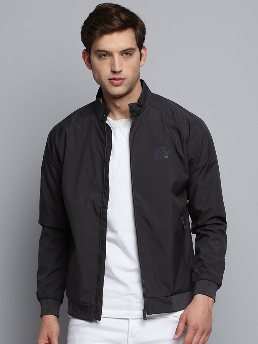 Men's Grey Mock Collar Water Resistant Bomber Jacket