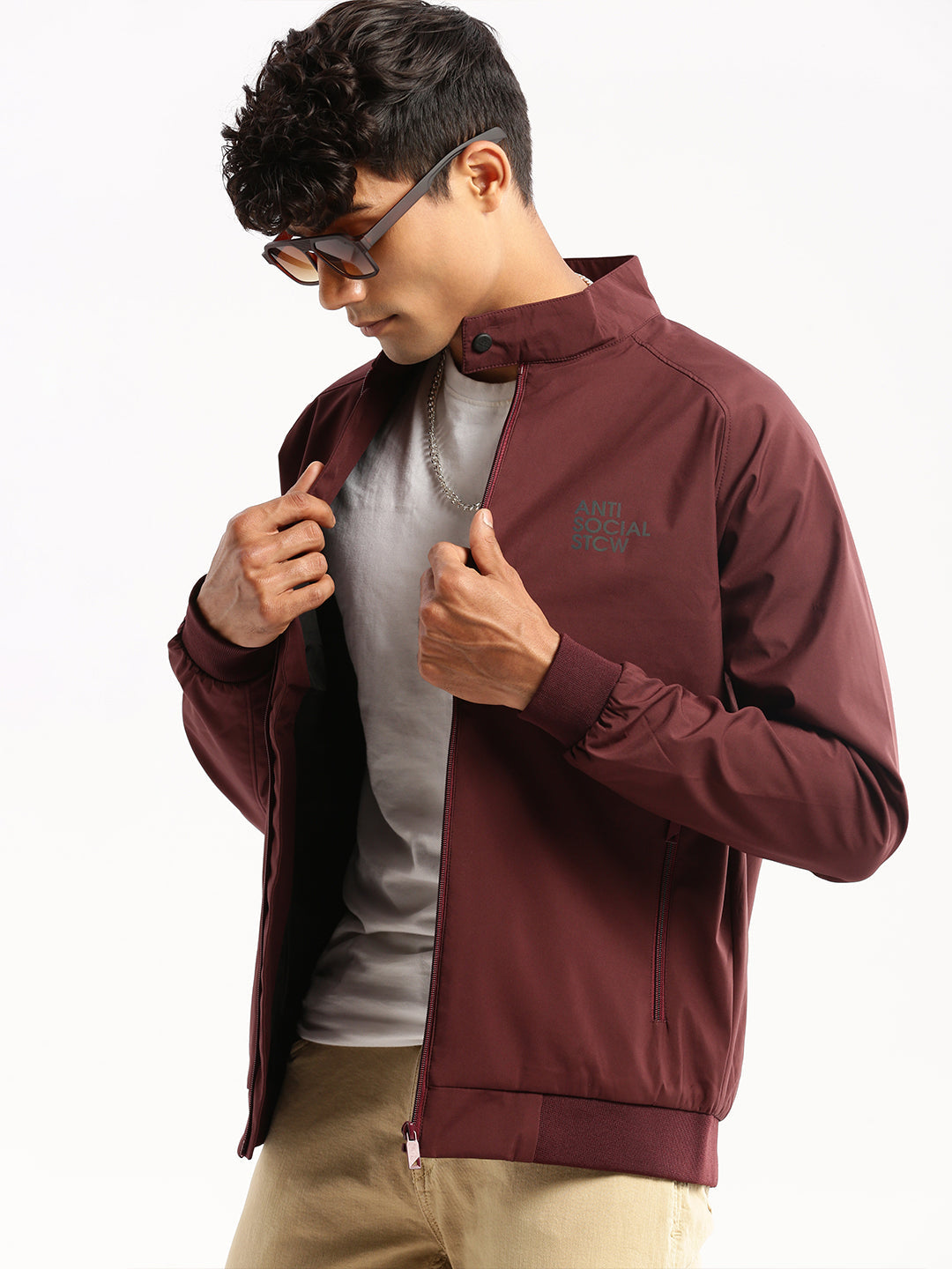 Men's Maroon Mock Collar Bomber Jacket