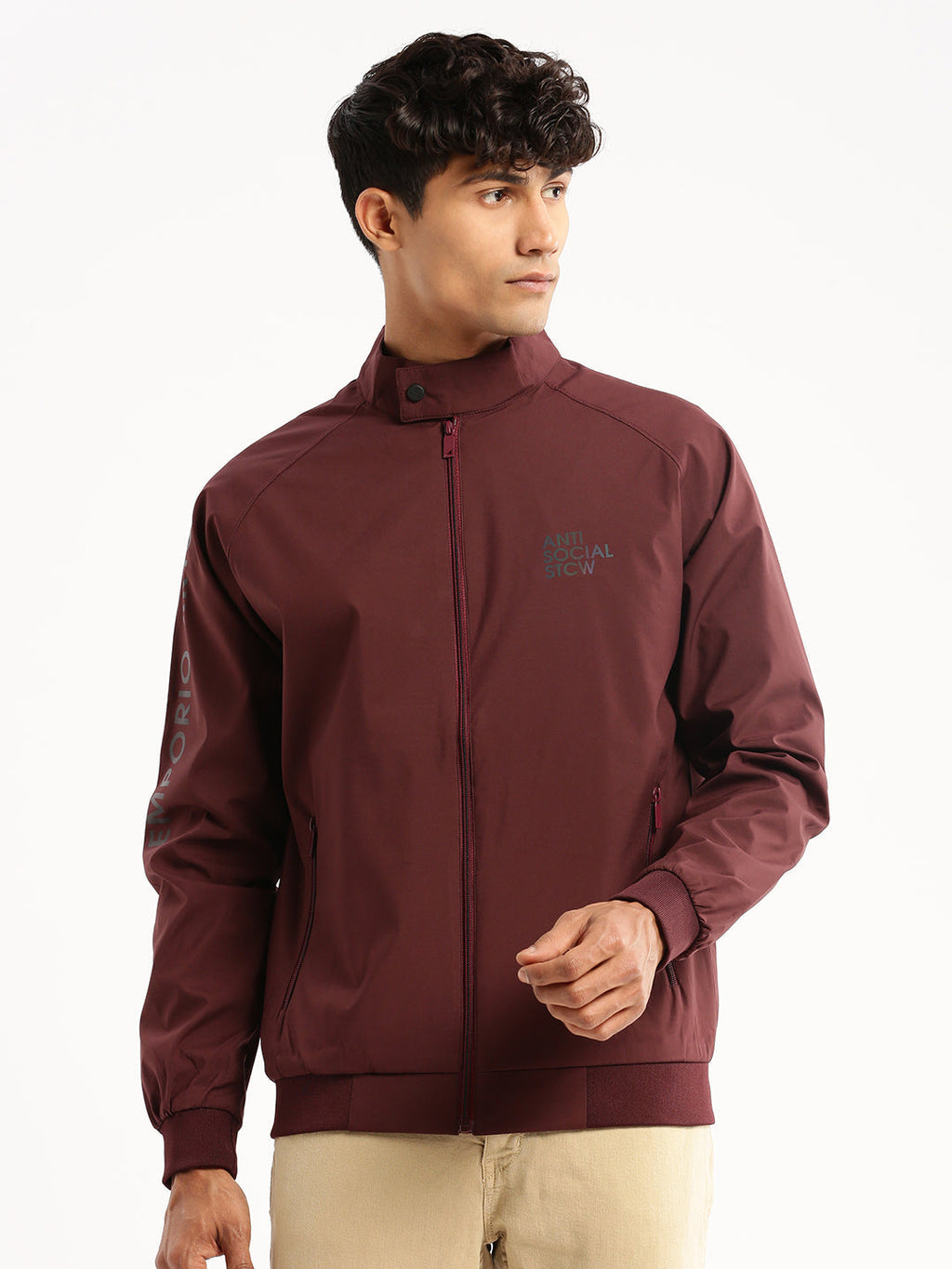 Men's Maroon Mock Collar Bomber Jacket