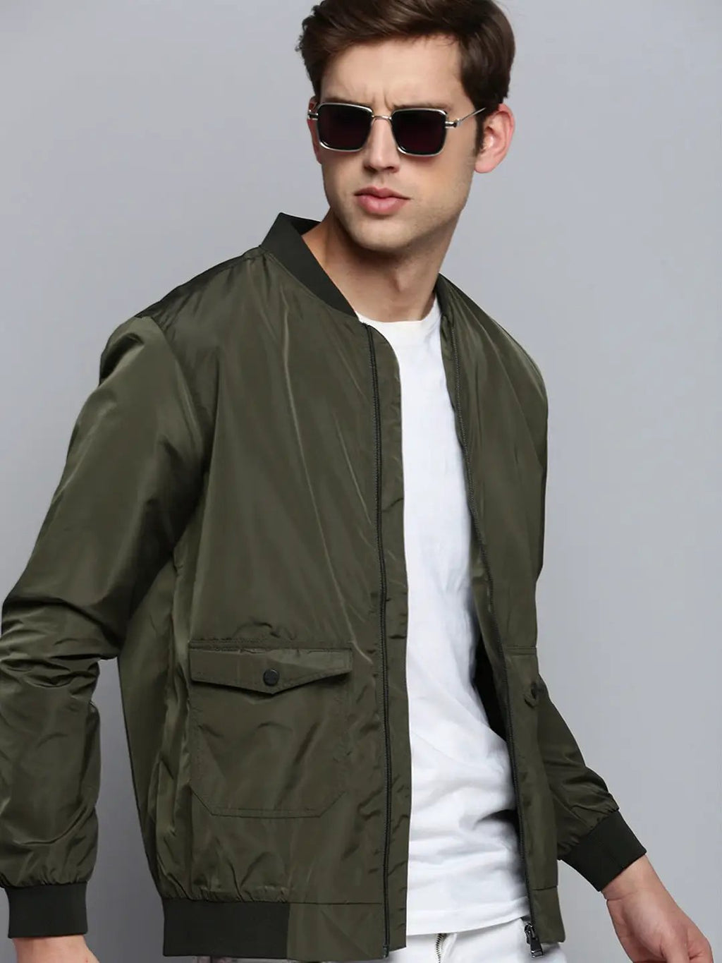 Men's Olive Mandarin Collar Water Resistant Bomber Jacket