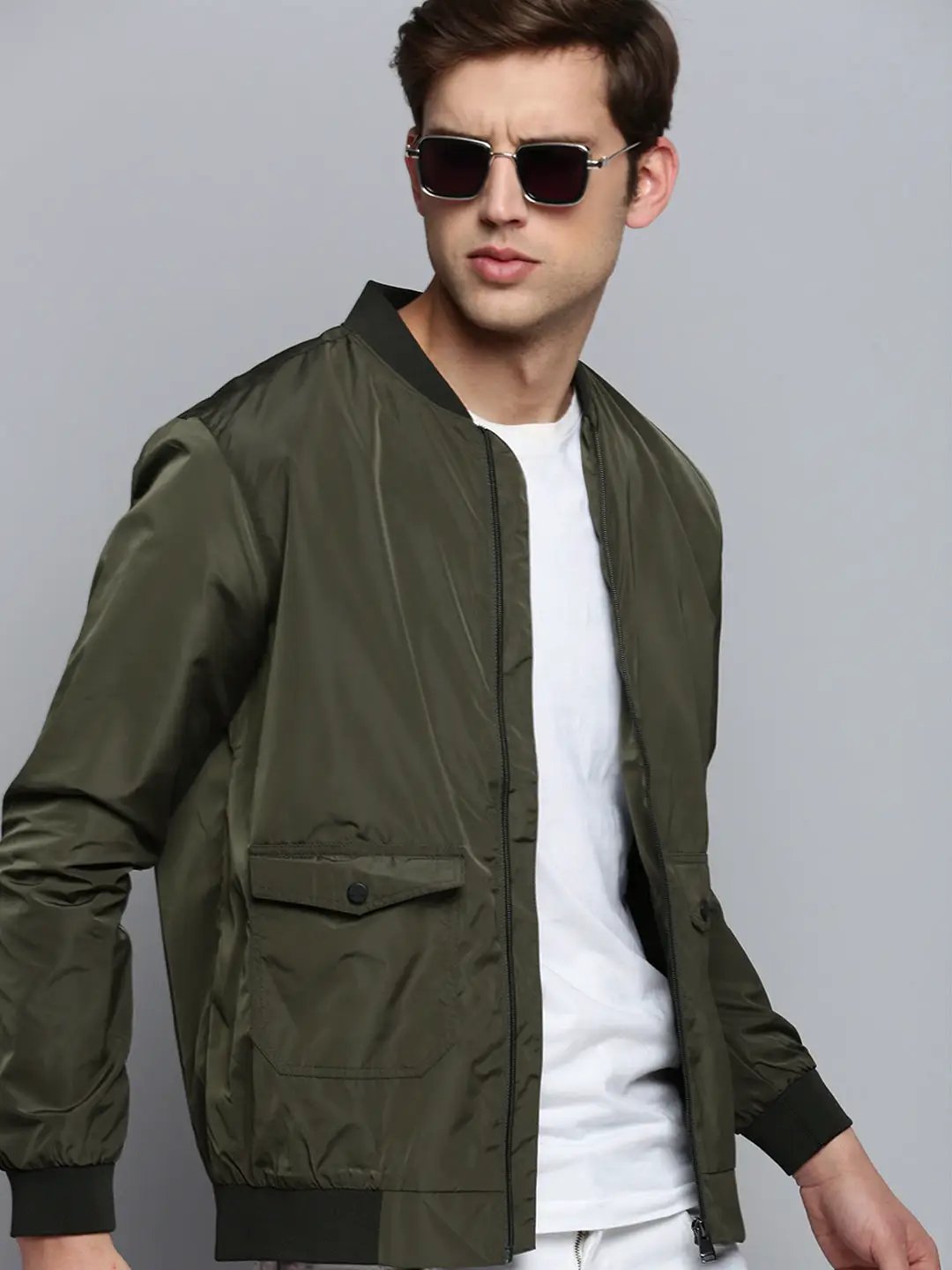 Men's Olive Mandarin Collar Water Resistant Bomber Jacket
