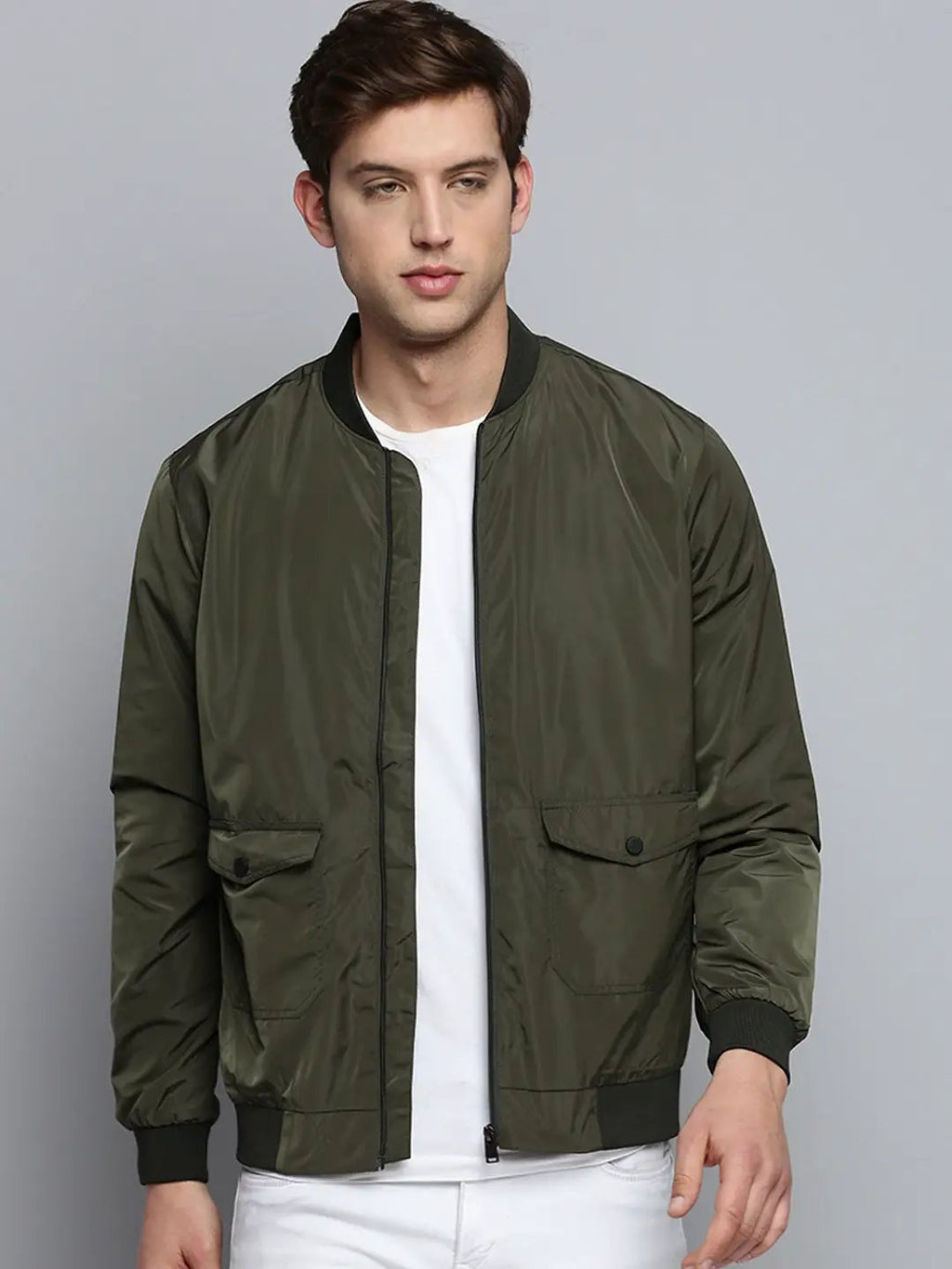 Men's Olive Mandarin Collar Water Resistant Bomber Jacket