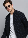 Men's Mandarin Collar Solid Navy Blue Open Front Jacket