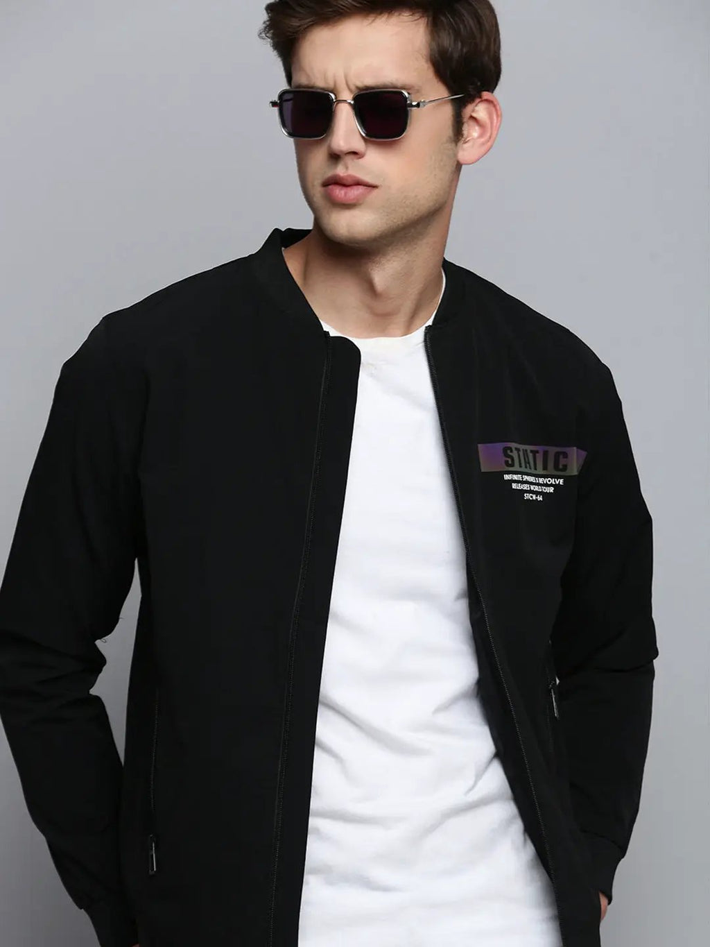 Men's Black Mandarin Collar Water Resistant Bomber Jacket