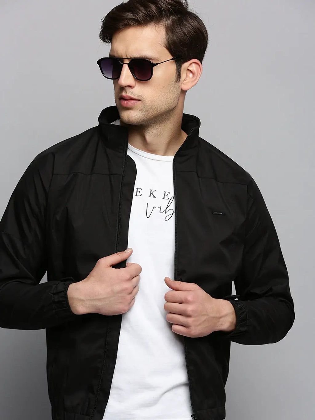 Men's Mock Collar Solid Black Open Front Jacket