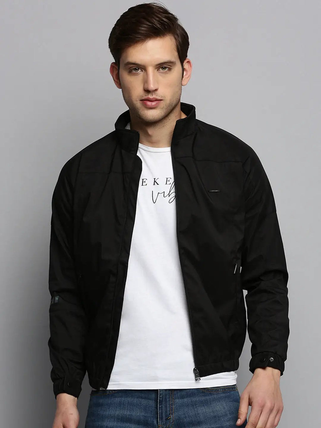 Men's Mock Collar Solid Black Open Front Jacket