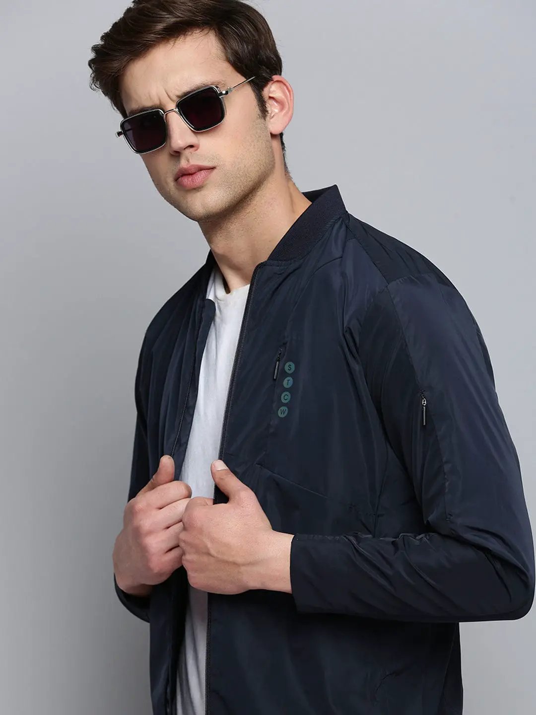 Men's Mandarin Collar Navy Blue Solid Open Front Jacket