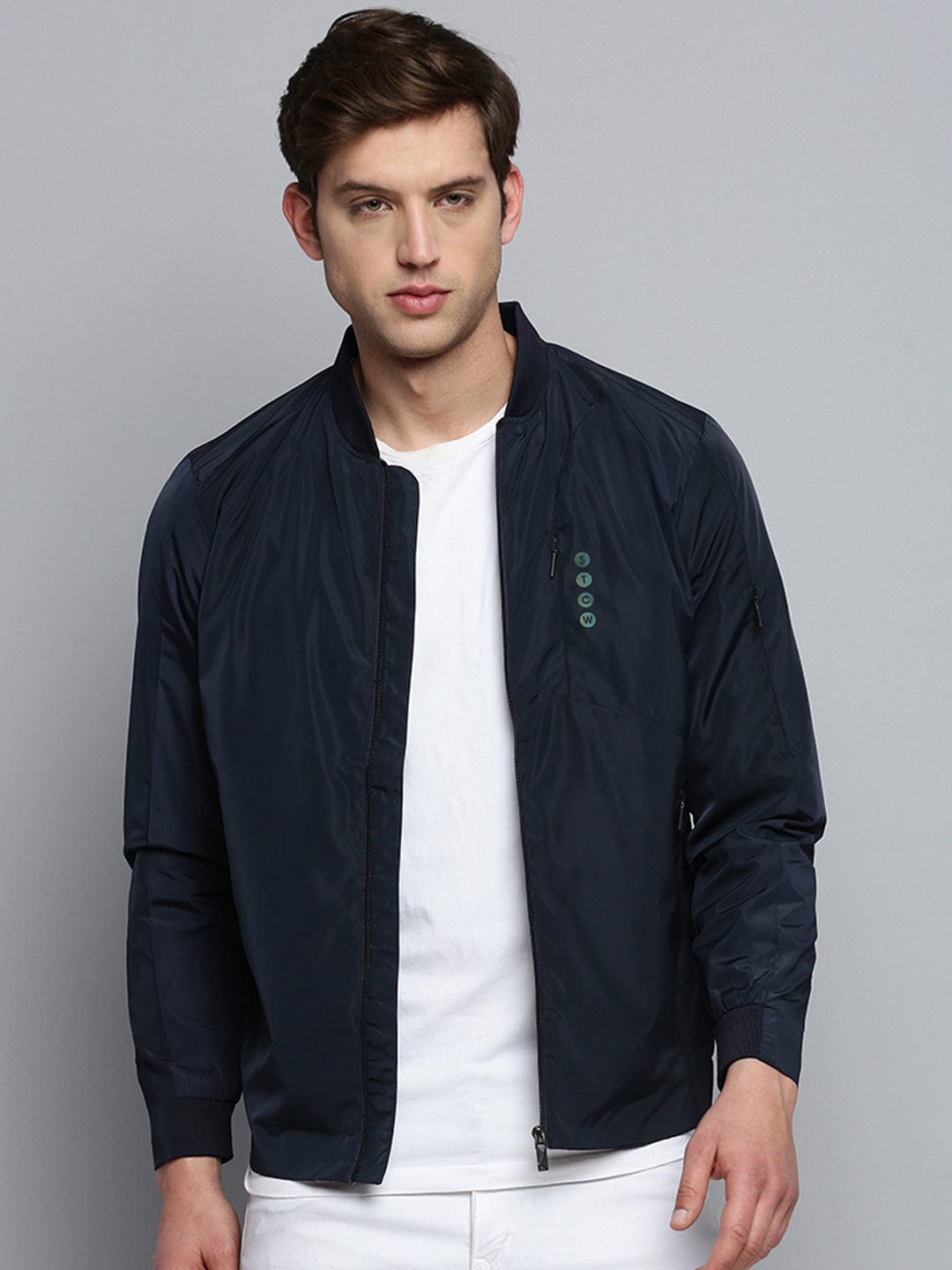 Men's Mandarin Collar Navy Blue Solid Open Front Jacket