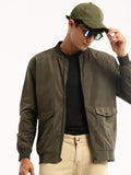 Men's Olive Stand Collar Slim Fit Bomber Jacket