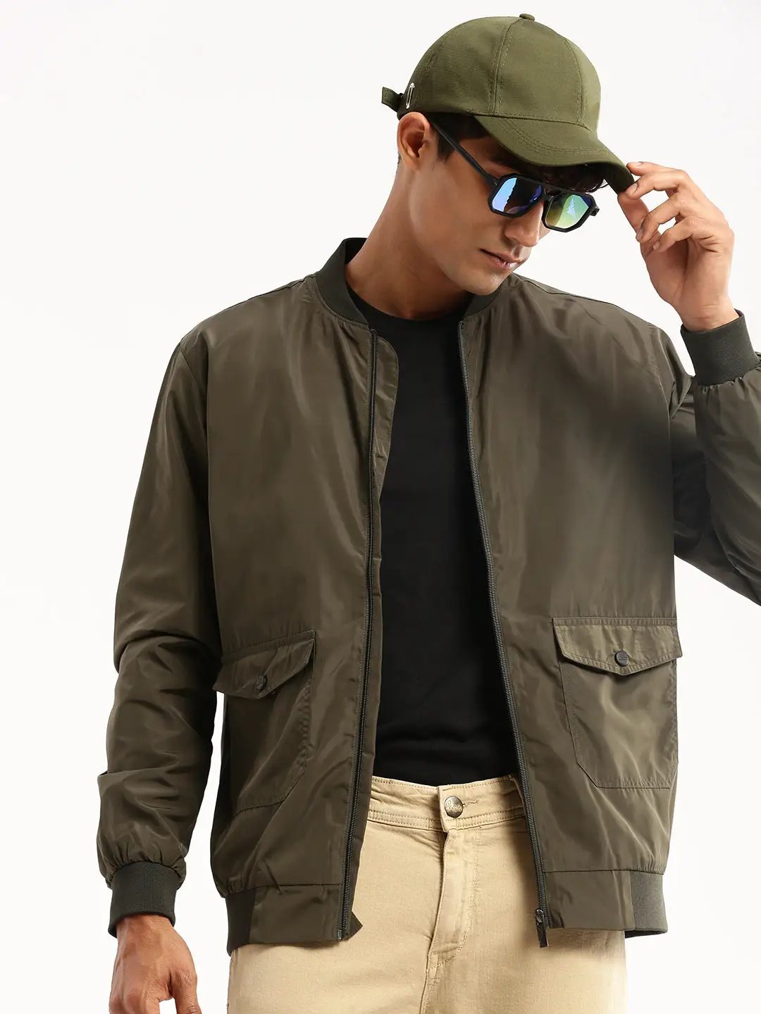Men's Olive Stand Collar Slim Fit Bomber Jacket