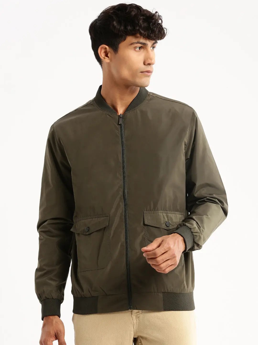 Men's Olive Stand Collar Slim Fit Bomber Jacket