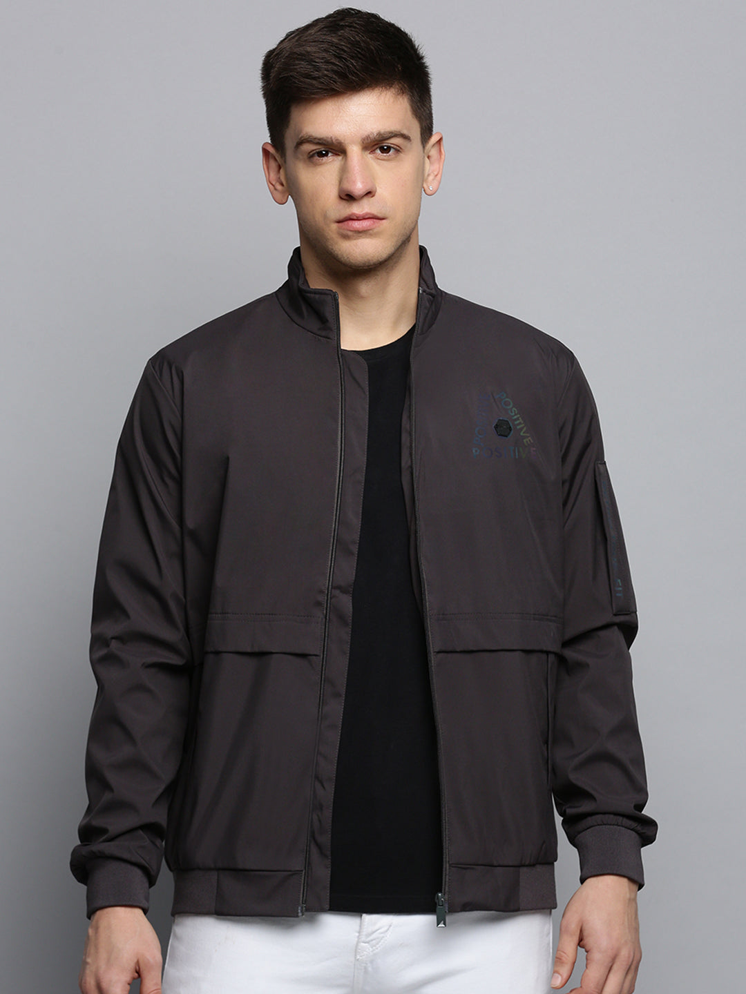 Men's Grey Mock Collar Water Resistant Sporty Jacket