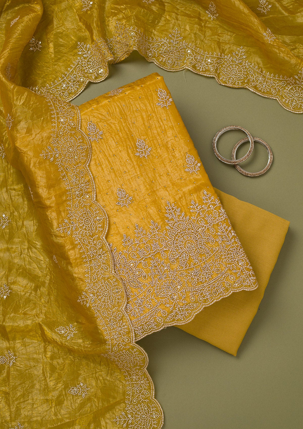 Mustard Threadwork Tissue Unstitched Salwar Suit